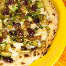 Brussels Sprouts Pizza With Guanciale & Kalamata Olives