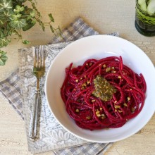 Roasted Beet Pasta With Pistachio Pesto