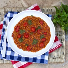 Three Tomato Farrotto With Basil Pesto