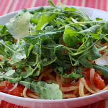 Spaghetti With Fresh Tomato Sauce, Arugula, & Shaved Pecorino Cheese