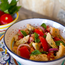 Panzanella Salad with Artichokes, Black Olives, & Capers
