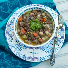 Lentil, Two Bean & Sausage Soup With Herb Pesto